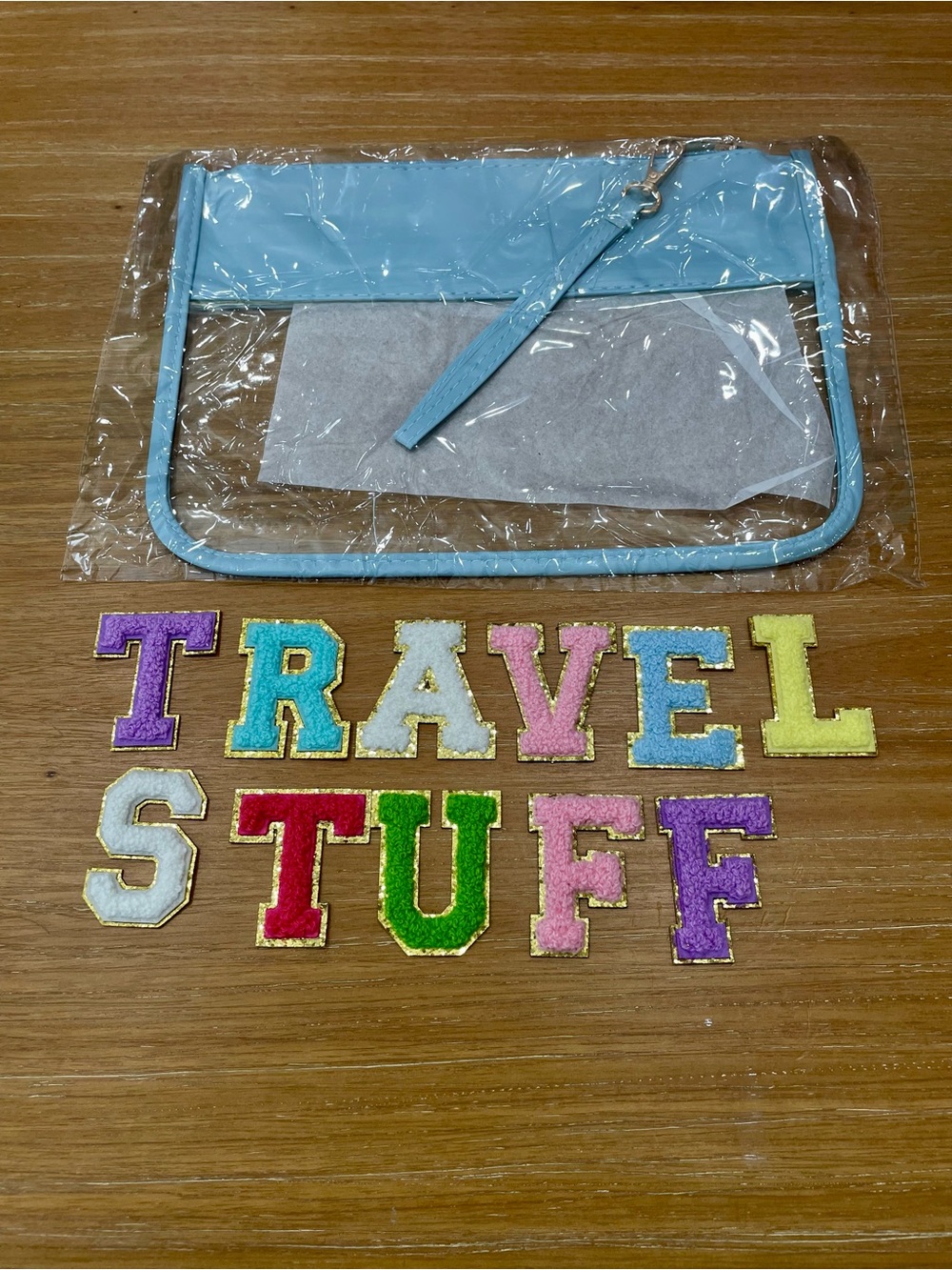 Clear Light Blue Wristlet Pouch with Chenille Self Adhesive Letter Patches DIY
